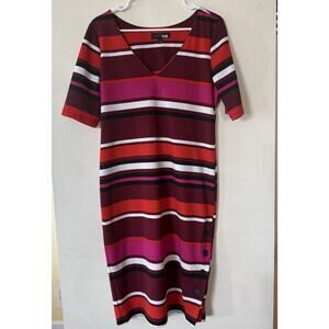 Slate & Willow Bold Striped V-Neck Midi Dress Red Multi Bodycon Sz Large